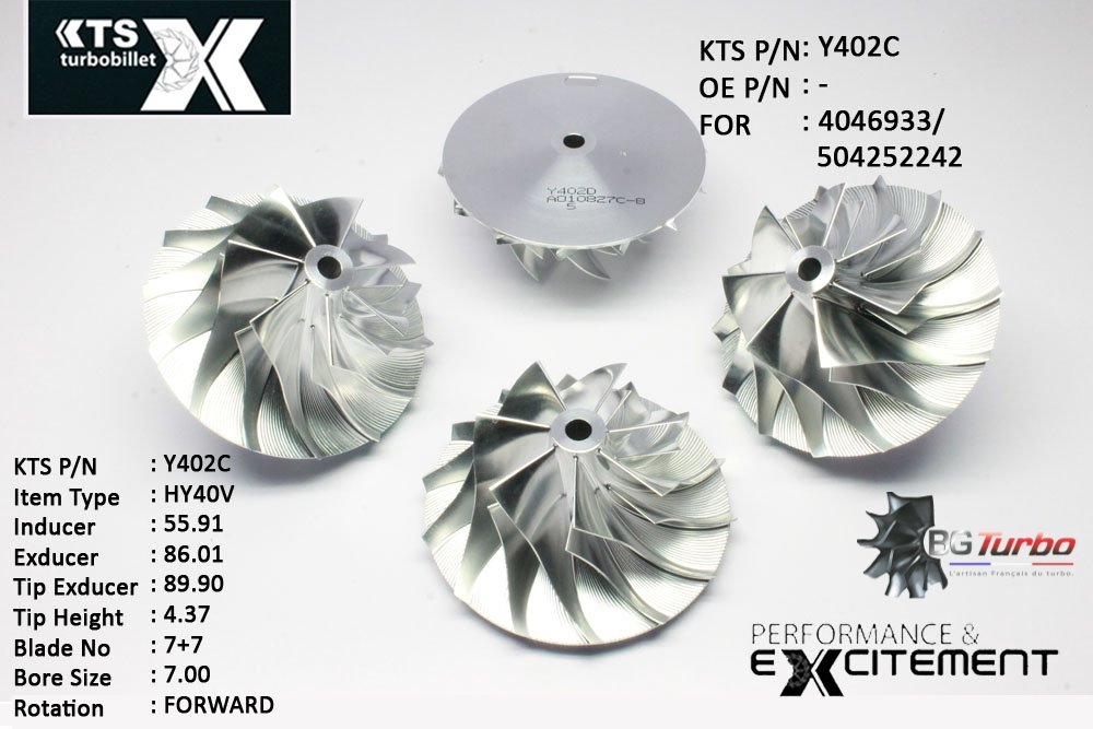 Turbo ROUE FORGÉE MFS PERFORMANCE - 7+7 PALES - INDUCER : 55,9054 - EXDUCER : 86,01 - TYPE : HY40VANGLE : 55° - ROTATION : Forward - SUPER BACK : 4,97 - BORE SIZE : 7
